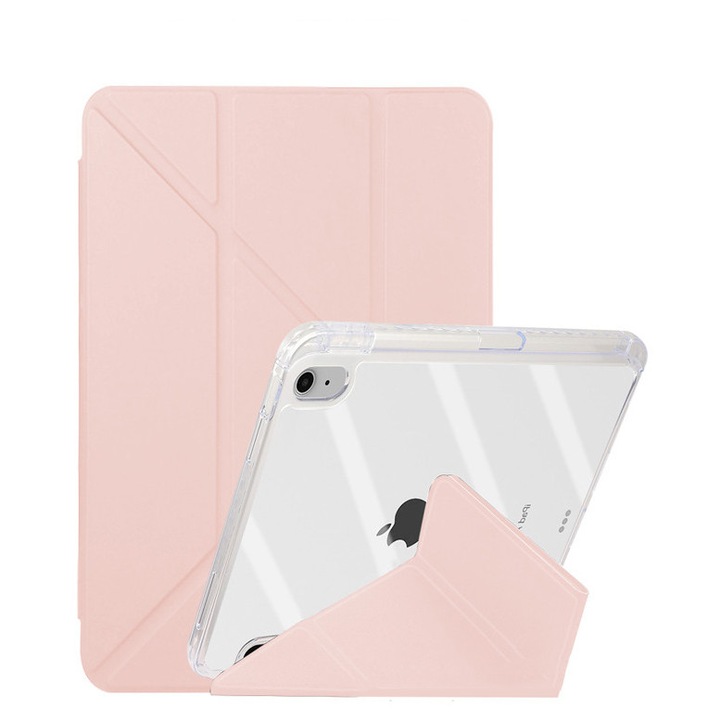 Tabletok tok, iPad 2022 (10. generációs) 10.9 hüvelykes / 2025 (11. generációs) 11 hüvelykes, Y-alakú háromszoros hajtogatás, több szögben állítható, bőr tablet tok tolltartóval, automatikus ébresztés / alvás funkció, forró rózsaszín