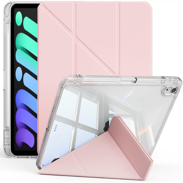 Husa tableta, pentru iPad mini (2024/2021) 7th/6th 8.3-Inch, Triple Fold in forma de Y Design, Multi unghi, de piele pentru tablete cu slot pentru stilou, Trezire automata / somn，Roz cald