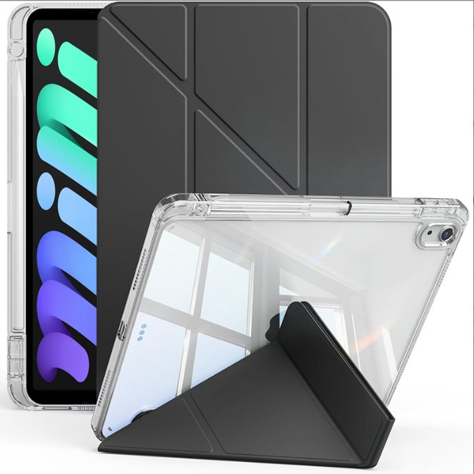Husa tableta, pentru iPad mini (2024/2021) 7th/6th 8.3-Inch, Triple Fold in forma de Y Design, Multi unghi, de piele pentru tablete cu slot pentru stilou, Trezire automata / somn，Negru, Transparent