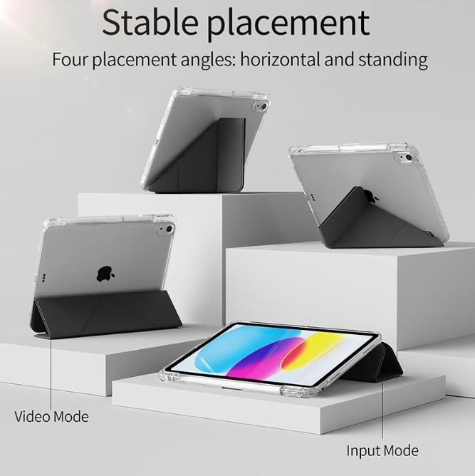 Husa tableta, pentru iPad mini (2024/2021) 7th/6th 8.3-Inch, Triple Fold in forma de Y Design, Multi unghi, de piele pentru tablete cu slot pentru stilou, Trezire automata / somn，Negru, Transparent