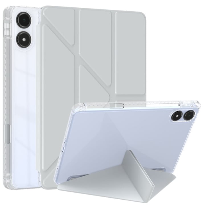 Калъф за таблет, за Redmi Pad Pro 12.1-инча / Xiaomi POCO Pad 12.1-инча, тройно сгъваем Y-образен дизайн, многоъгълен, кожен за таблети със слот за писалка, автоматично събуждане/заспиване, сребристо сиво