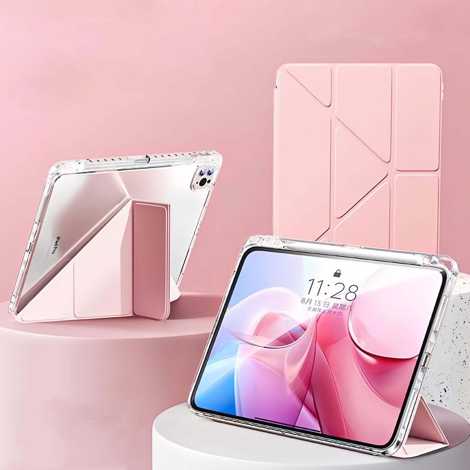 Husa tableta, pentru xiaomi Pad 7/Pad 7 Pro, Triple Fold in forma de Y Design, Multi unghi, de piele pentru tablete cu slot pentru stilou, Trezire automata / somn，Roz cald
