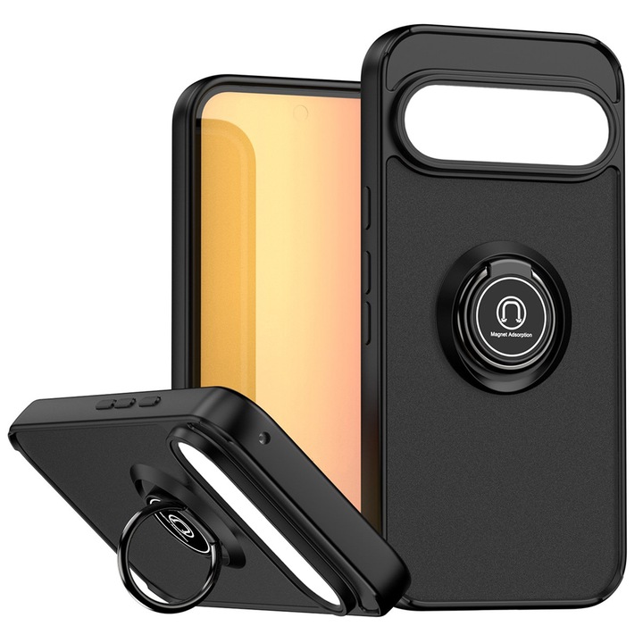 Husa telefon, pentru Google Pixel 9a 5G Inel rotativ 360 ° Kickstand, PC subtire subtire si TPU rezistent la soc, Negru
