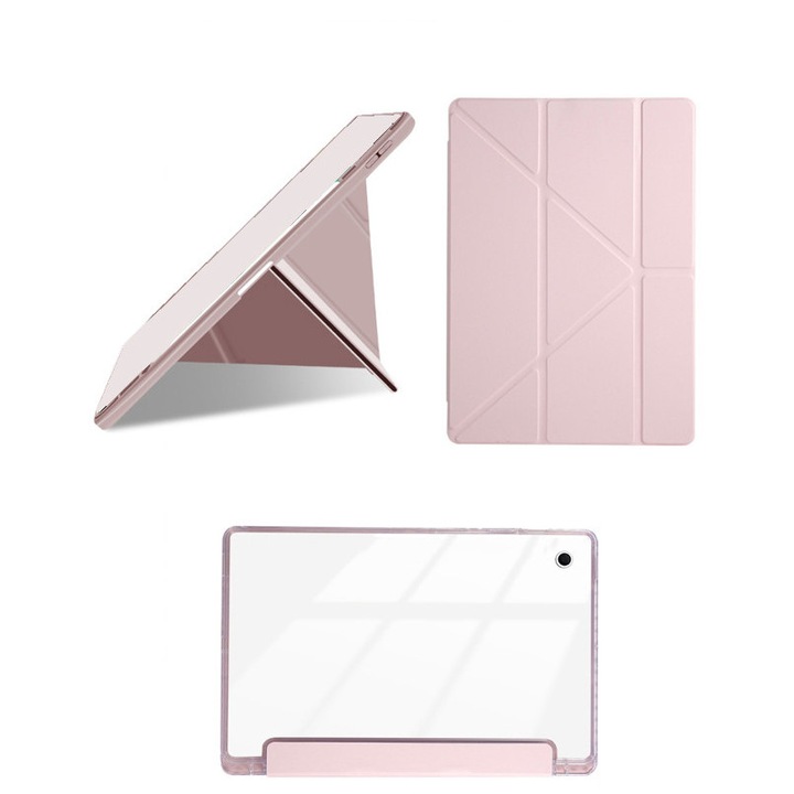 Калъф за таблет, за Samsung Galaxy Tab A9+, Тройно сгъваем Y-образен дизайн, Многоъгълен, Кожен за таблети със слот за писалка, Автоматично събуждане/заспиване, Топло розово