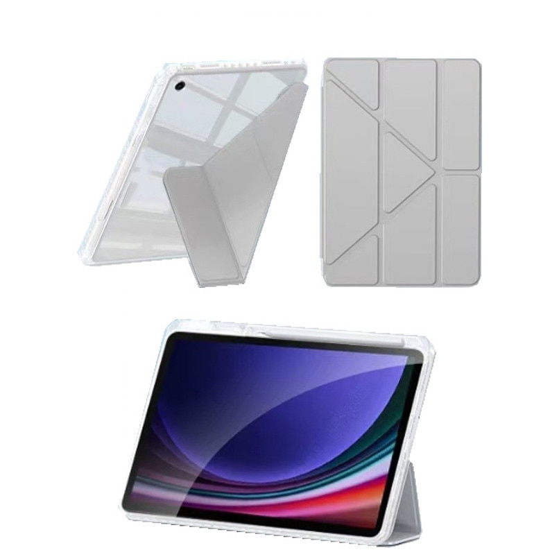 Husa tableta, pentru Samsung Galaxy Tab A9+, Triple Fold in forma de Y Design, Multi unghi, de piele pentru tablete cu slot pentru stilou, Trezire automata / somn，Gri argintiu