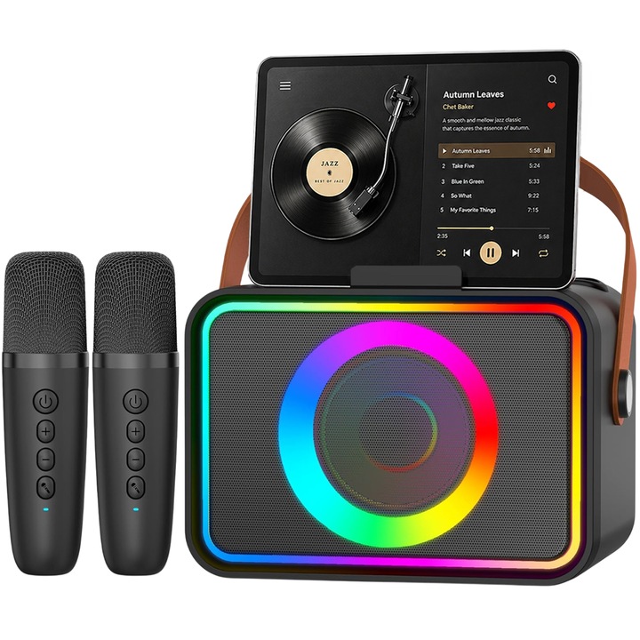 Boxa Karaoke Portabila cu 2 Microfoane Wireless, sktonefly®, Bluetooth 5.3, Acumulator 2400mAh, Sunet HiFi, Lumini RGB, 5 Efecte Vocale, 8-10 ore, USB/TF/AUX, 17x12x11cm, Negru