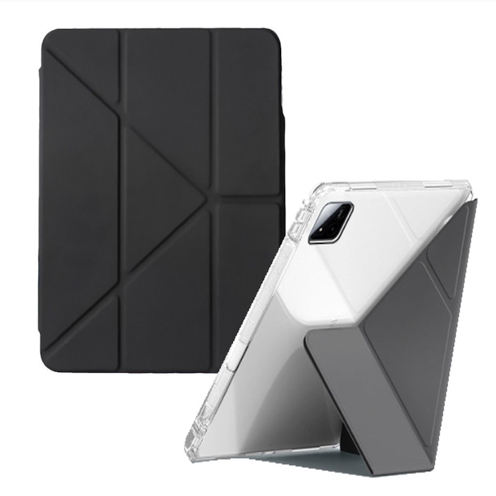 Tabletok tok, Xiaomi Pad 7/Pad 7 Pro készülékhez, Háromszoros Y-alakú kialakítás, Többszögű, bőr tablettok tolltartóval, Automatikus ébresztés/alvás funkció, Fekete, Átlátszó
