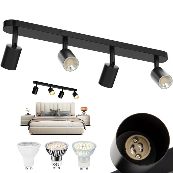 Регулируем спот Juksun, 4 глави, черен, 58x12.5см, монтаж на таван или стена