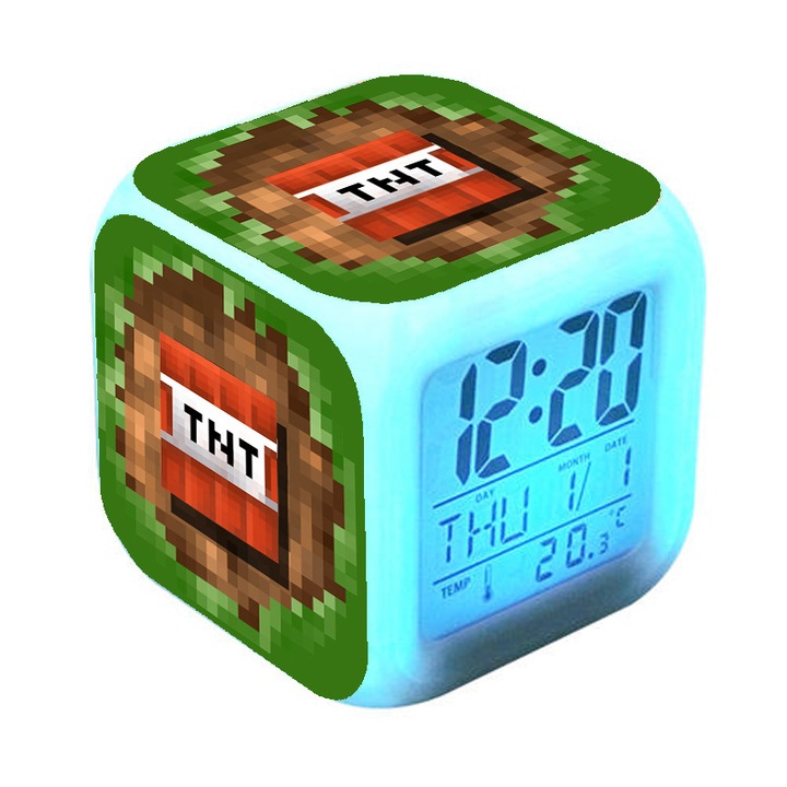 Ceas desteptator pentru copii, Minecraft, LED colorat, 3xAAA, decorare camera, cadou pentru baieti
