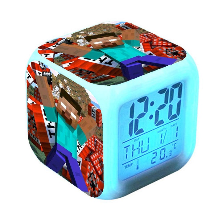 Gyerek ébresztőóra, Minecraft, színes LED, dekoratív asztali készlet, ajándék fiúknak
