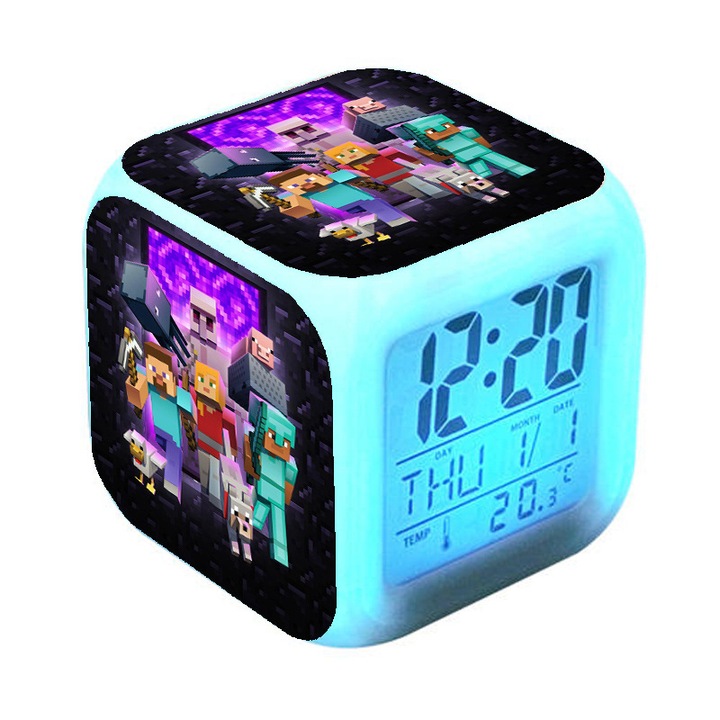 Gyerek ébresztőóra, Minecraft, színes LED, könnyű beállítás, kompakt méretek