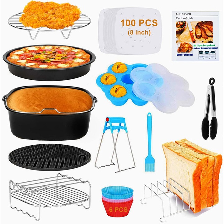 Set accesorii friteuza aer cald, Omelivon, compatibile Ninjia Cosori 3.6-6.8litri Airfryer, cu forme de prajituri, tava pentru pizza, gratare, tava de coacere, pensula, clesti,18 piese