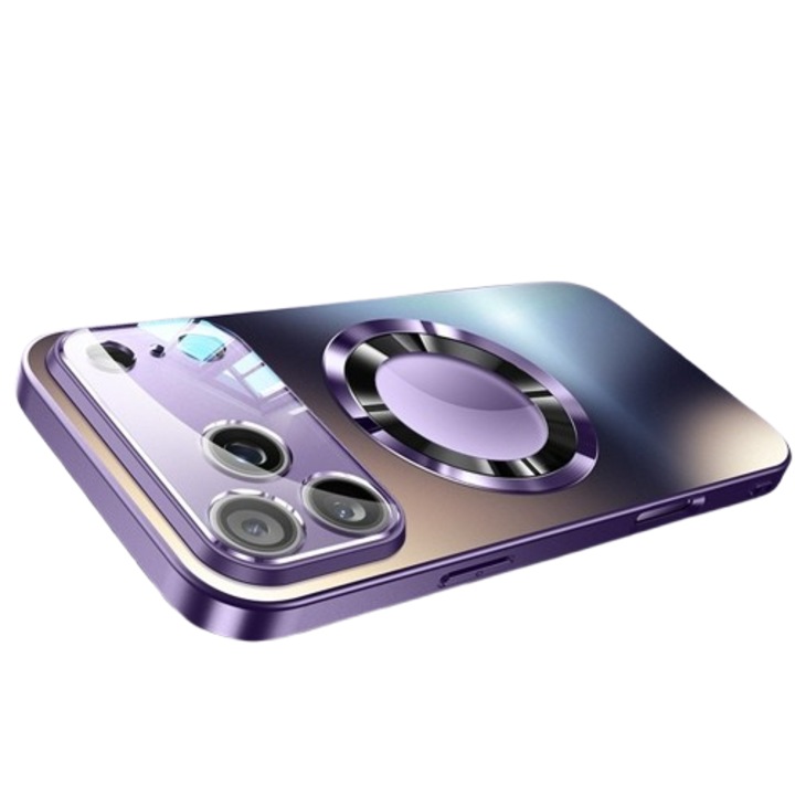 Калъф за телефон, съвместим с iPhone 12 Pro Max, метален дизайн, защита от удари, градиентно покритие, безжично зареждане, лилав