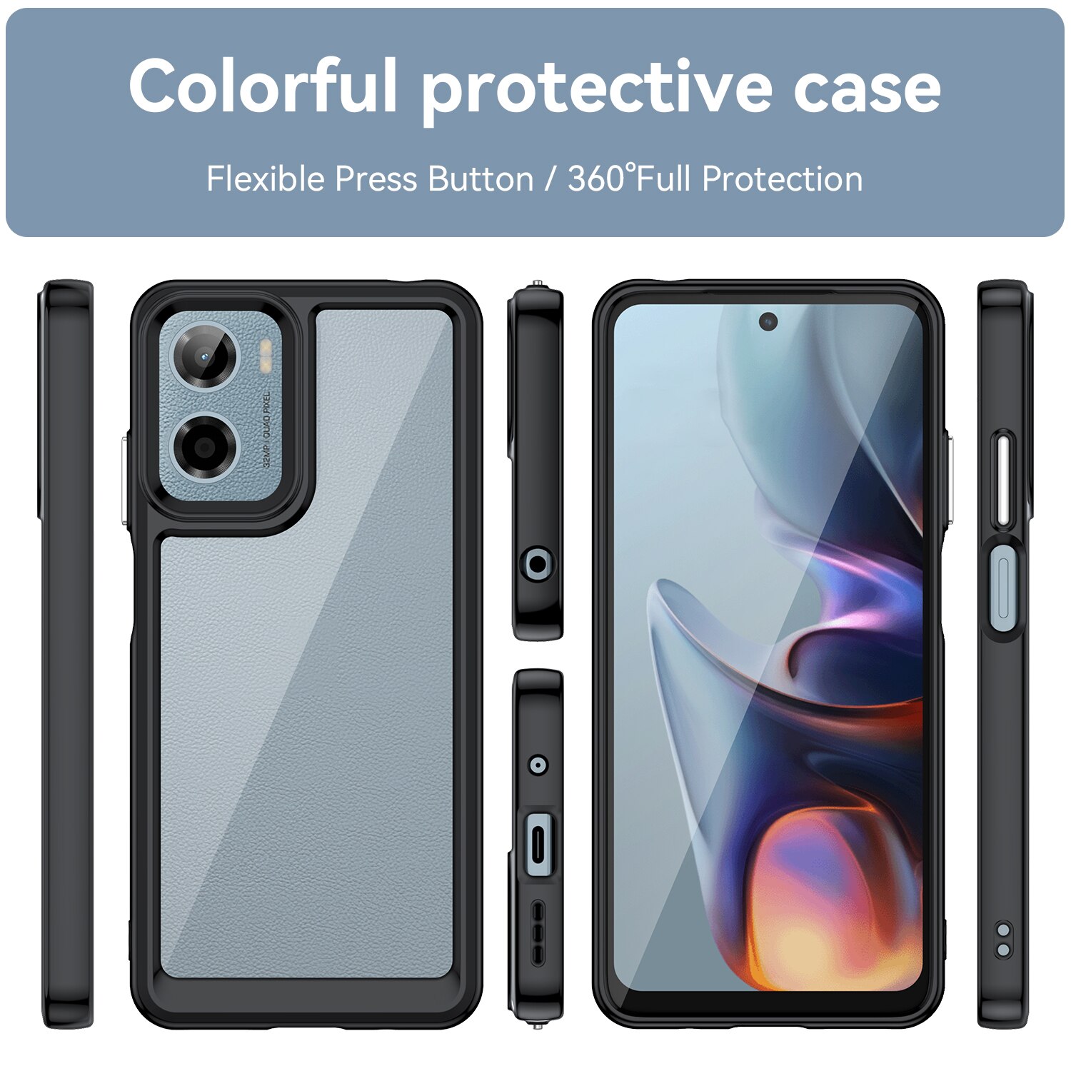 Husă telefon compatibil cu Motorola Moto G05 / E15, neagră transparentă, protecție 360°