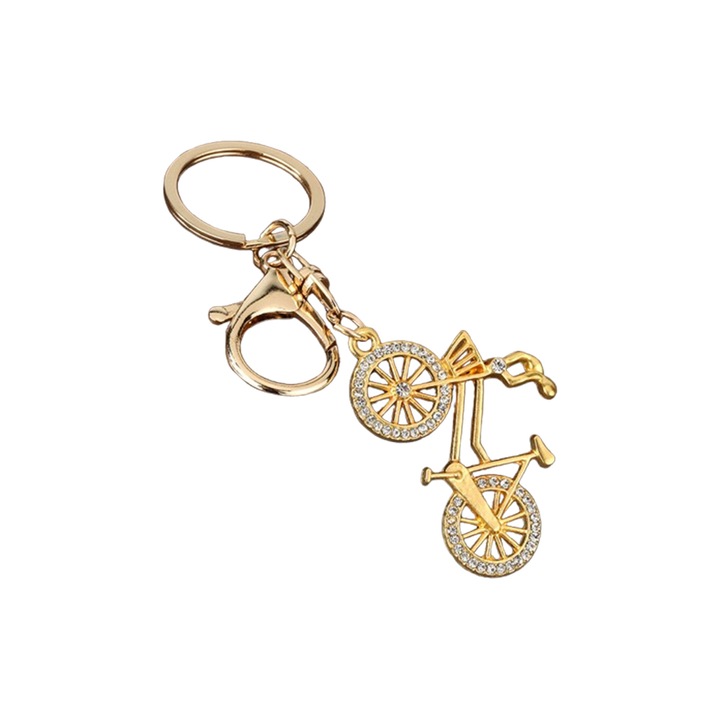 Breloc Pandantiv Bicicleta, Miniatura Sport Ciclism, din Aliaj, cu Strasuri, Auriu si Alb