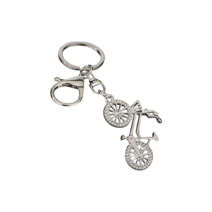 Breloc Pandantiv Bicicleta, Miniatura Sport Ciclism, din Aliaj, cu Strasuri, argint si Alb