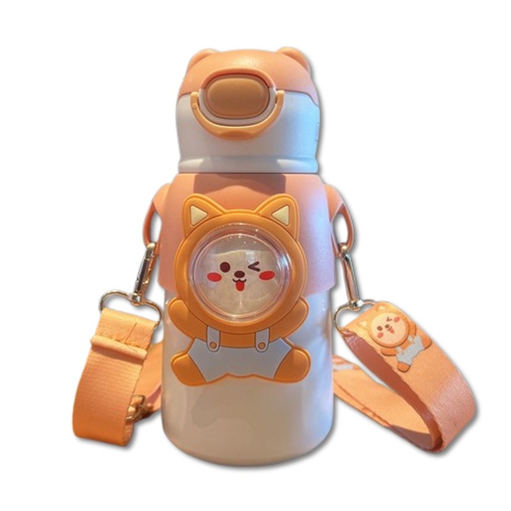 Cana termica pentru copii, design cartoon, inox 316, capacitate 500ml, cu pai