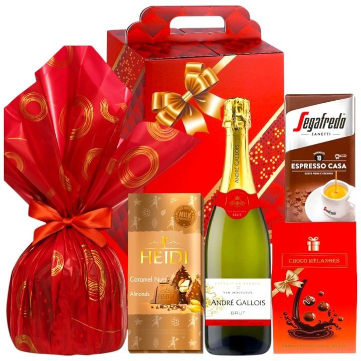 Pachet Cadou Festiv cu Vin Spumant, Panettone, Cafea Segafredo, Ciocolata Heidi si Delicii Premium - Ideal pentru Craciun, Aniversari si Paste - Pentru Femei, Barbati, Cupluri sau Corporate - Red Luxe by CADOURI RAFINATE®