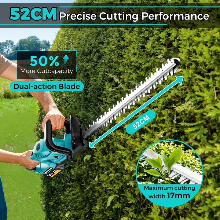 Masina de tuns gard viu fara fir de 52 cm cu 2 manere si protectie, 2 baterii x 4.0Ah 21V, robusta si usoara pentru taierea gardurilor vii si a tufisurilor