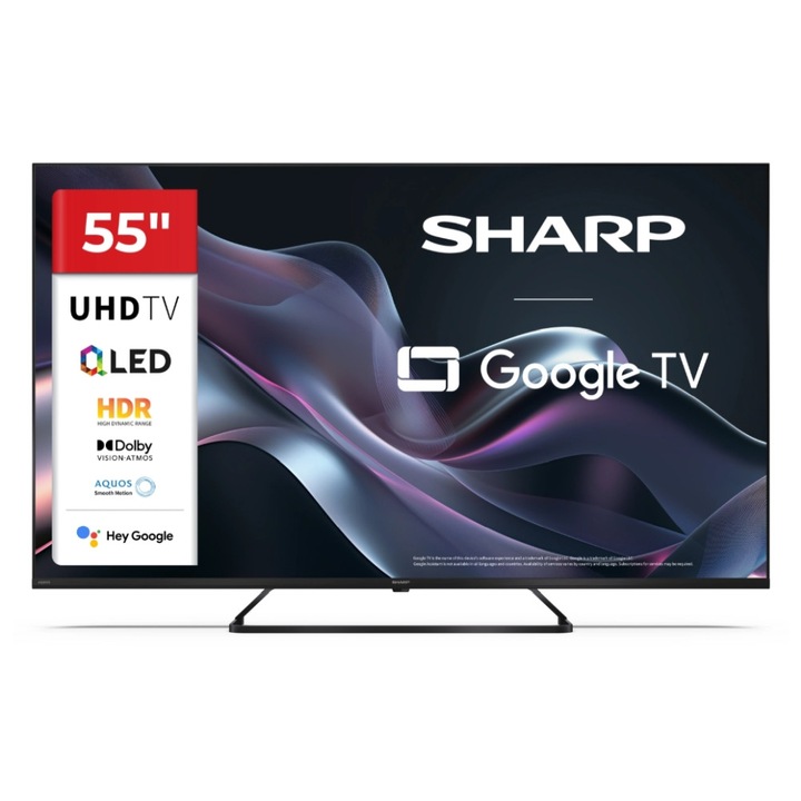 Телевизор Sharp 55HP6265E, 55" QLED Google TV, 4K Ultra HD 3840x2160 Frameless, 1 000 000:1, AQUOS, DVB-T/T2/C/S/S2, Active Motion 1000, HDR10, Dolby Atmos, Dolby Vision, Google Assistant, Google Cast, HDMI 2.1 with eARC, 3.5mm Headphone jack / 55HP6265E