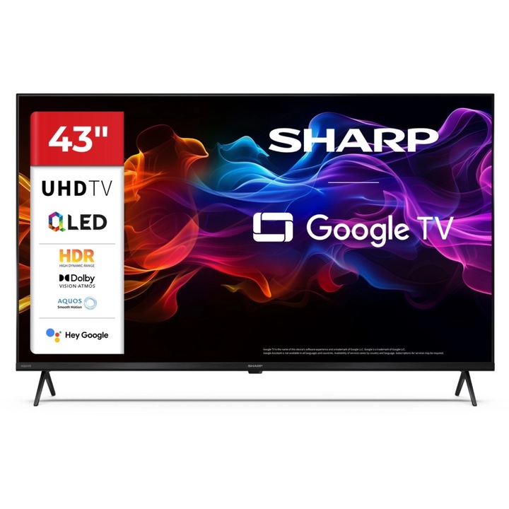 Телевизор Sharp 43HP5265E, 43" QLED Google TV, 4K Ultra HD 3840x2160 Frameless, 1 000 000:1, AQUOS, DVB-T/T2/C/S/S2, Active Motion 1000, HDR10, Dolby Atmos, Dolby Vision, Google Assistant, Google Cast, HDMI 2.1 with eARC, 3.5mm Headphone jack / 43HP5265E
