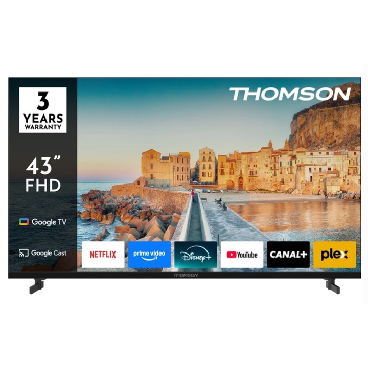 Телевизор Thomson 43" FHD Google TV, 1920 x 1080 (FHD), DLED, 60 Hz, HDR10, Dolby Audio, Google Cast, DVB-T/T2/C/S/S2, Wi-Fi, Bluetooth, LAN, HDMI 3 (1.4), USB 2 (2.0), Hotel mode, Side Feet, Black 43FG2S15