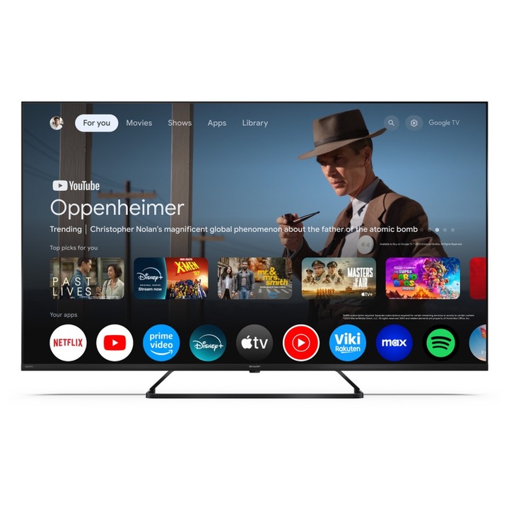 Sharp 50HP6265E televízió, 50" QLED Google TV, 4K Ultra HD 3840x2160 keret nélküli, 1 000 000:1, AQUOS, DVB-T/T2/C/S/S2, Active Motion 1000, HDR10, Dolby Atmos, Dolby Vision, Google Assistant, Google Cast, HDMI 2.1 eARC-vel, 3.5mm jack / 50HP6265E