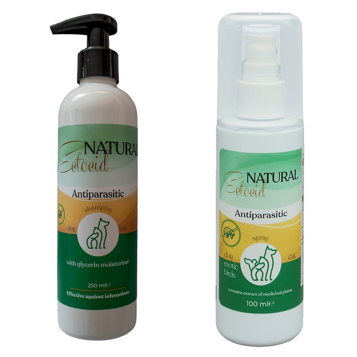 Pachet Antiparasitic Natural Sampon Premium cu Glicerina 250ml, inlatura excesul de grasimi, murdaria si mirosurile neplacute, reimprospatarea pielii si blanii si Spray 100ml, impotriva Capuselor, Puricilor si Paduchilor, pentru Caini si Pisici