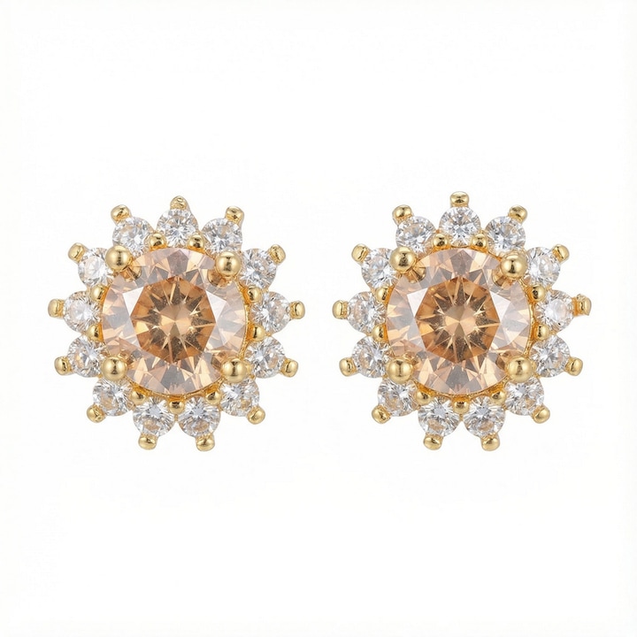 Cercei Stud – Cupru Placat Cu Aur 14K, Zirconiu 3A Oval Champagne, Design Cluster, Incrustat cu Piatre Mici