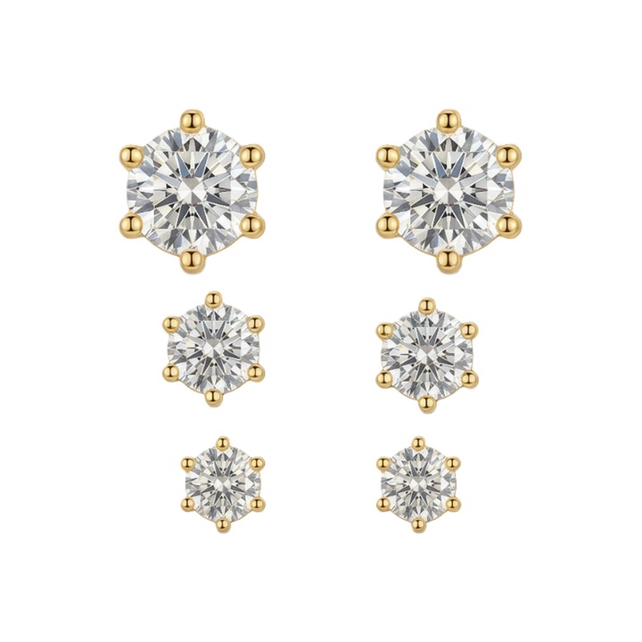 Set 3 Perechi Cercei Stud – Cupru Placat Cu Aur 14K, Zirconiu 3A Rotund, Prindere 6-Prong, Dimensiuni Diverse