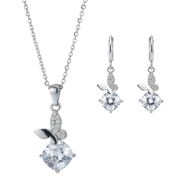 Set Colier si Cercei Femei – Cupru Placat Cu Platina, Fluture cu Zirconiu 3A Mare, Cutie Printesa, Half-Pavé, Design Elegant