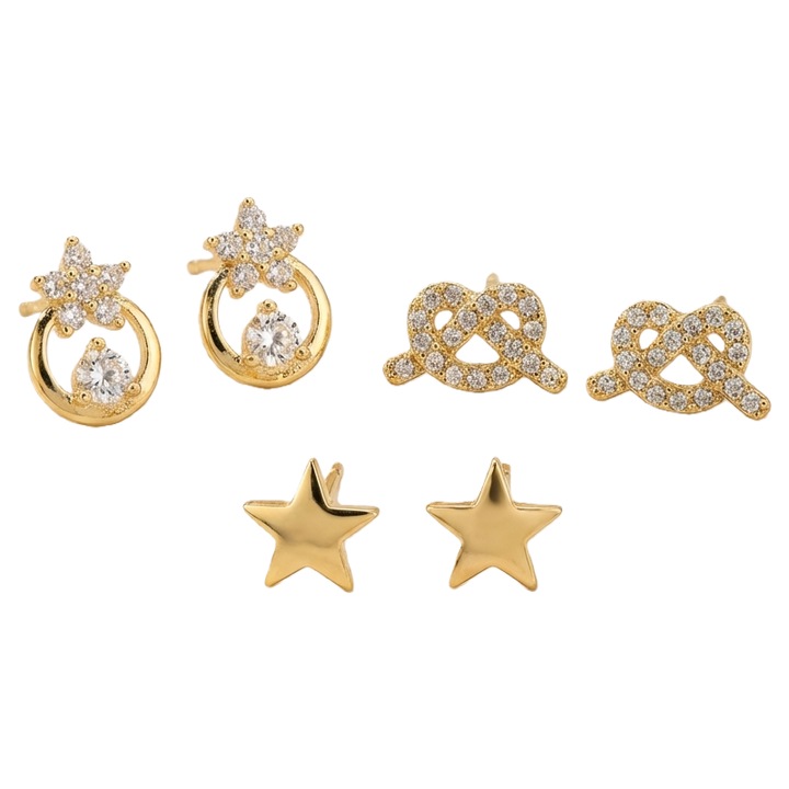 Set 3 Perechi Cercei Stud – Cupru Placat Cu Aur 14K, Zirconiu 3A, Tematic Festiv: Luna & Stea, Nod, Stea Solida