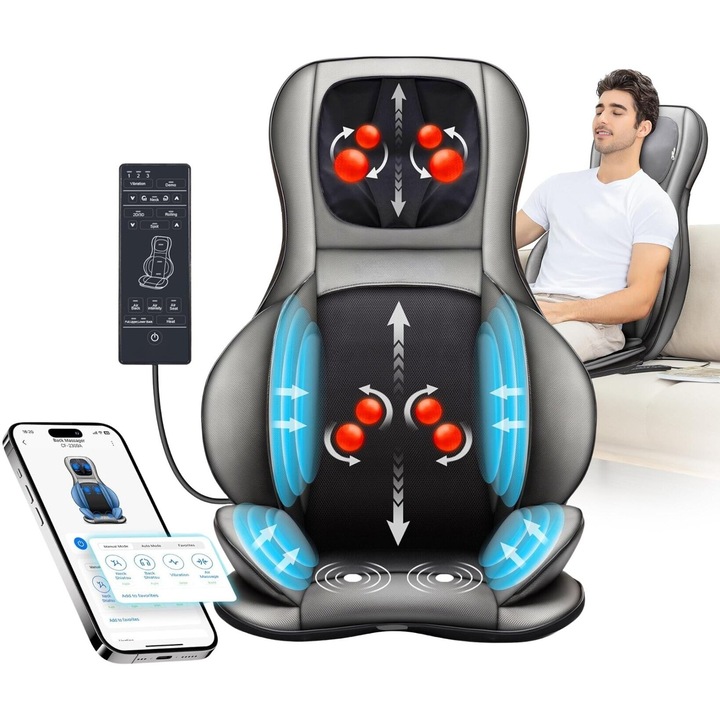 Husa Masaj Relaxo™ MAX 3D/2D HyperMotion+, RemoteControl, Multi-Zone Terapie Activa cu Presiune Digitala SmartPress, Caldura, Compresie si Vibratii, 3 Moduri Intensitate, Masaj Punctual si Rulare, Telecomanda, Elemente Detasabile si Lavabile, Volcano Grey