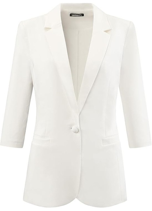 Női Elegáns Blézer – Üzleti, Alkalmi, Szabályos Illeszkedés, 3/4 Ujjú, Egy Gombos Záródás, Hajtókás Gallér, Poliészter & Spandex – Ideális Irodába, Munkahelyre, Mindennapi Viseletre, Fehér, M Méret