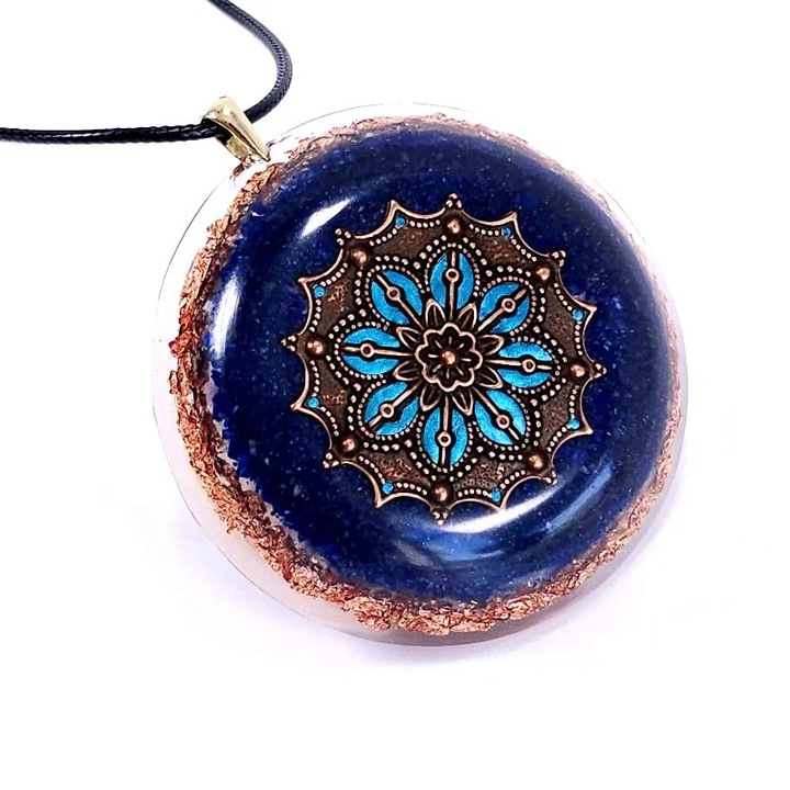 Pandantiv mandala orgon din lapis lazuli cu pietre semiprețioase, Elvero, 5.7 cm diametru, argint 925, snur negru 90 cm