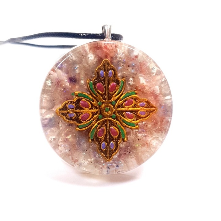 Pandantiv floral din pietre semipreţioase cu mesaj inspirațional, Elvero, 5 cm, multicolor, snur negru 90 cm