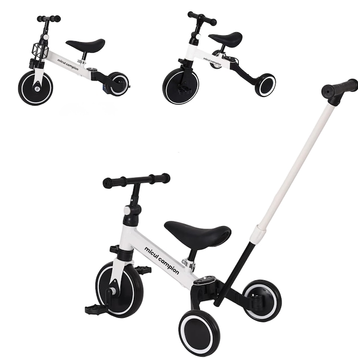 Tricicleta-bicicleta Invincio Micul Campion 4 in 1, EasyRide, copii 2-5ani, 4 moduride utilizare tricicleta sau bicicleta cu sau fara pedale, scaun si ghidon reglabil, lumini si muzica, maner control parental, roti silentioase, cadru otel, alb