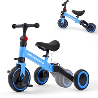 Tricicleta-bicicleta Invincio Micul Campion 4 in 1, EasyRide, copii 2-5ani, 4 moduride utilizare tricicleta sau bicicleta cu sau fara pedale, scaun si ghidon reglabil, lumini si muzica, maner control parental, roti silentioase, cadru otel, albastru