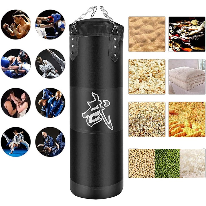 Sac de antrenament cu manusi si accesorii, 100x30cm, negru, set