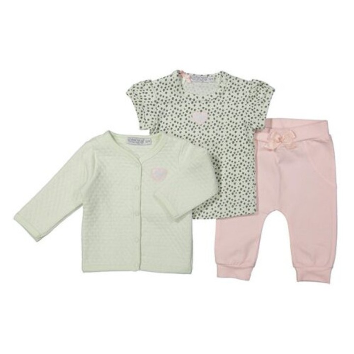 Set bebe 3 piese, cardigan verde, tricou pantaloni rozdwqf, Verde/Roz