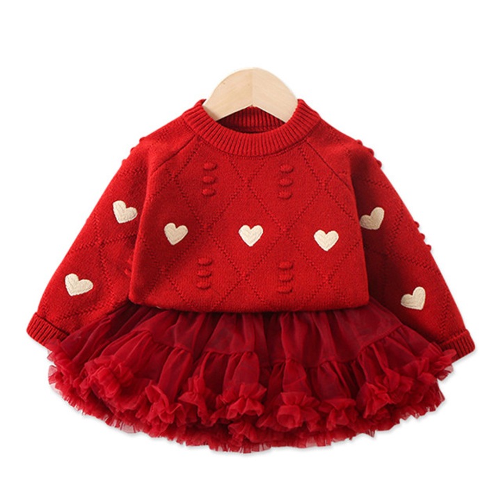 Compleu pentru fetite, 2 piese, pulover alb cu inimioare si fusta rosie, Rosu