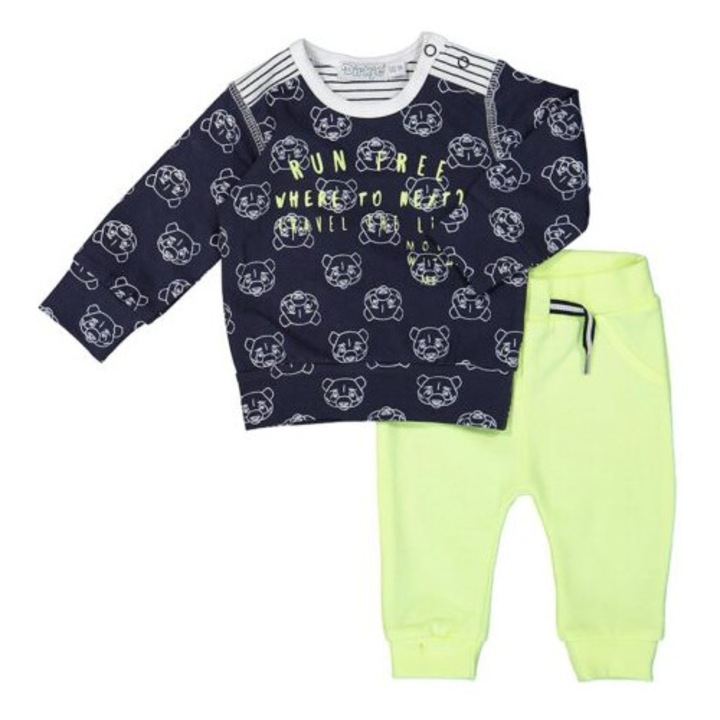 Set bebe 2 piese, bluza bleumarin cu imprimeu pantaloni galbeni, Verde neon/Bleumarin