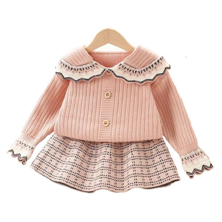 Комплект за момичета, 2 части, бял пуловер и черна пола, Розово