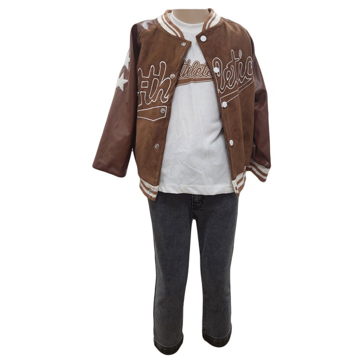 Compleu baieti jacheta 3 piese, HTCB 113, culoare maro, marime 110 cm, varsta 5 ani