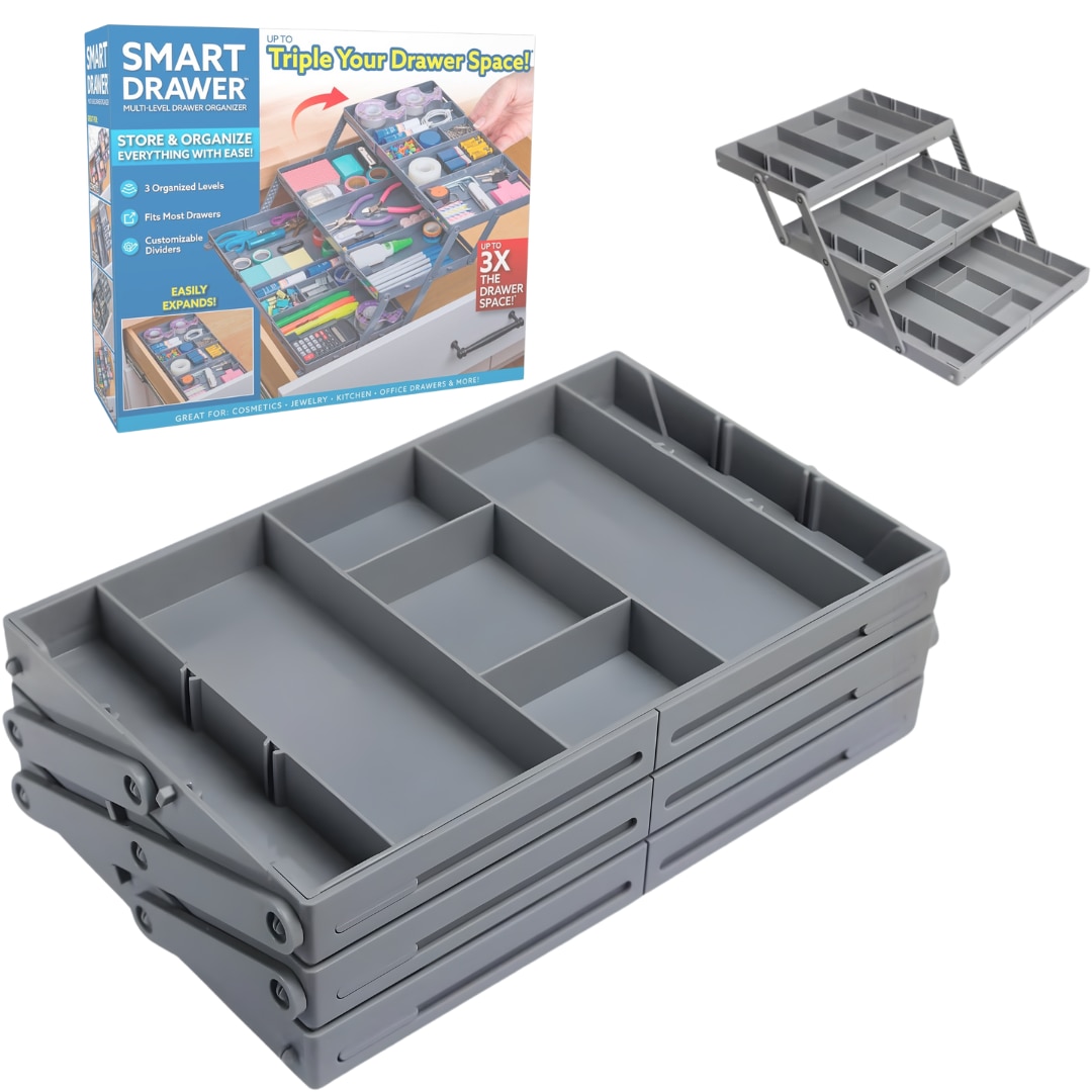 Macvi® Organizator Sertar Extensibil pe 3 nivele pentru Bijuterii si Cosmetice, 24, 13 x 19, 05 x 6, 99 cm, Negru, Sistem Reglabil cu Compartimente