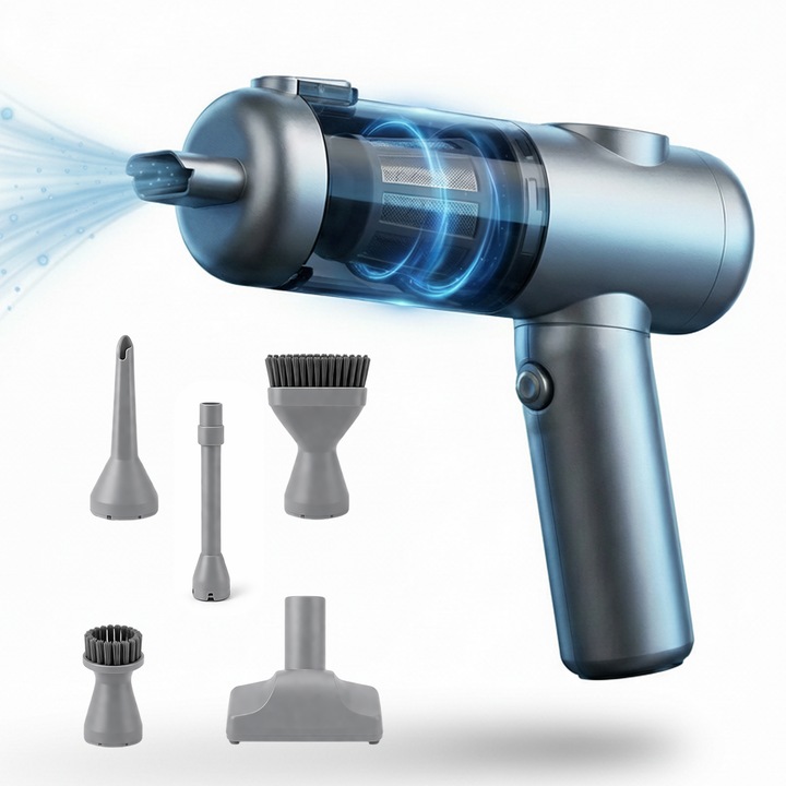 Aspirator Mana Portabil, SeveShop®, Aspirator Fara Fir Wireless, Aspirator Portabil Cu Filtru HEPA, Putere 100W, 7.4V, Autonomie 30–60 Min, Aspirator Mana Cu Capacitate 0.2L, Ideal Pentru Casa Birou Si Masina, Compact Si Usor, Curatare Wet & Dry, Argintiu