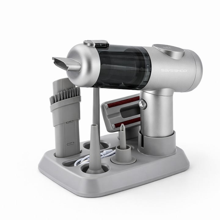 Aspirator Mana Portabil, SeveShop®, Aspirator Fara Fir Wireless, Aspirator Portabil Cu Filtru HEPA, Putere 100W, 7.4V, Autonomie 30–60 Min, Aspirator Mana Cu Capacitate 0.2L, Ideal Pentru Casa Birou Si Masina, Compact Si Usor, Curatare Wet & Dry, Argintiu