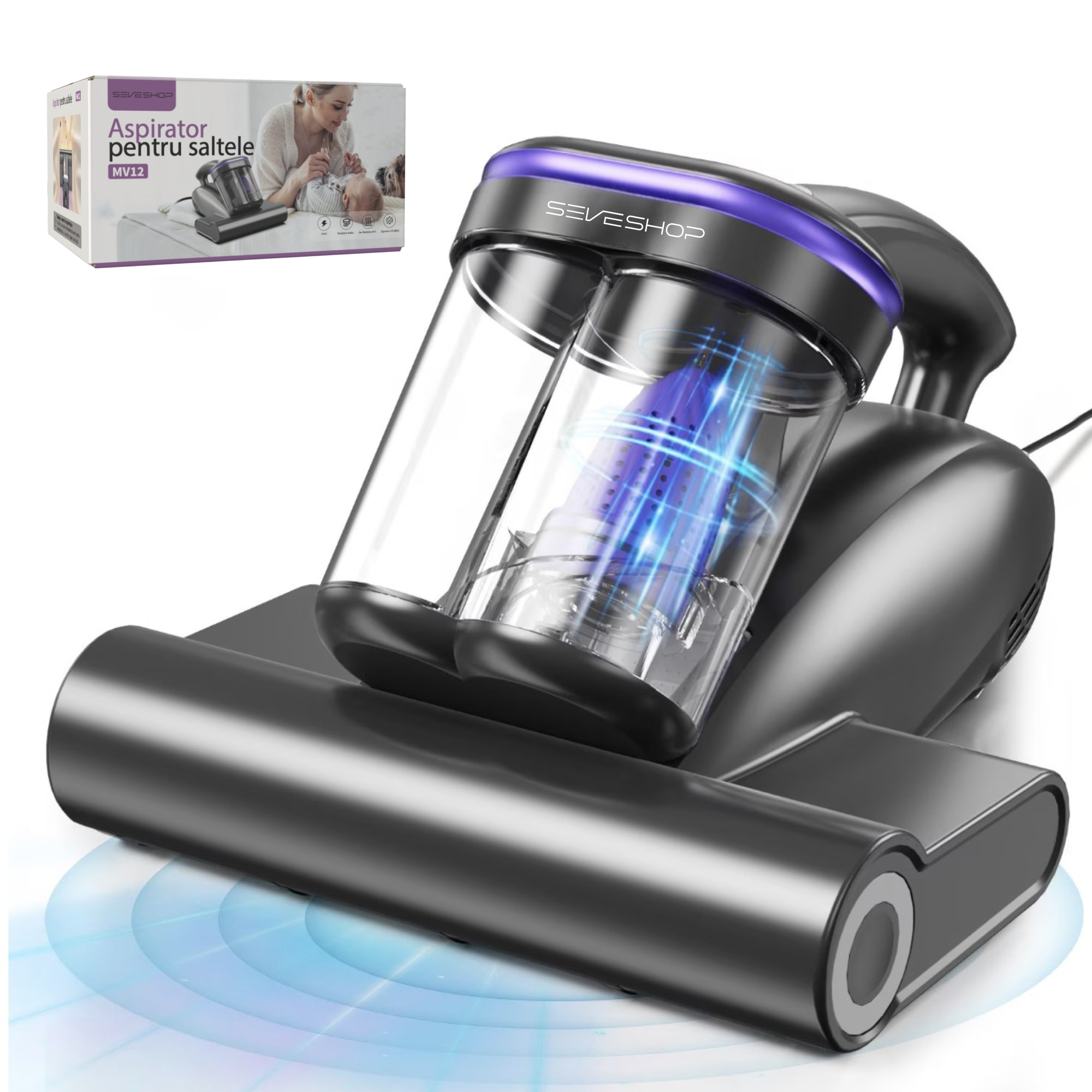Aspirator Antiacarieni, SeveShop®, Aspirator Cu Filtru HEPA Lavabil, Motor 500W, 16000Pa, Vibratii Deprofundare, Lampa UV-C 253.7nm, Incalzire Aer, Aspirator Ideal Pentru Saltele Si Canapele, Usor De Manuit, Aspirator Cu Actiune Profunda, Negru