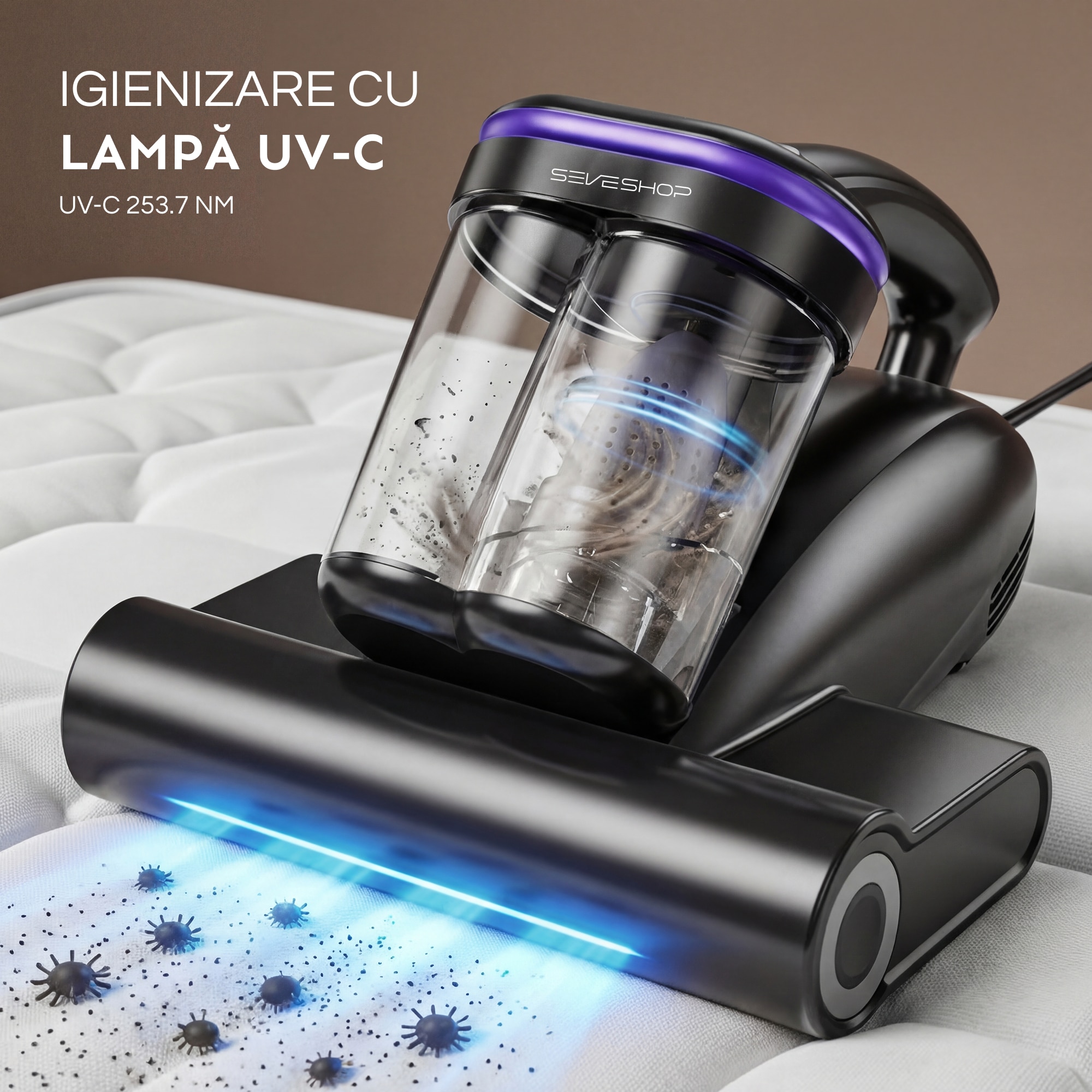 Aspirator Antiacarieni, SeveShop®, Aspirator Cu Filtru HEPA Lavabil, Motor 500W, 16000Pa, Vibratii Deprofundare, Lampa UV-C 253.7nm, Incalzire Aer, Aspirator Ideal Pentru Saltele Si Canapele, Usor De Manuit, Aspirator Cu Actiune Profunda, Negru