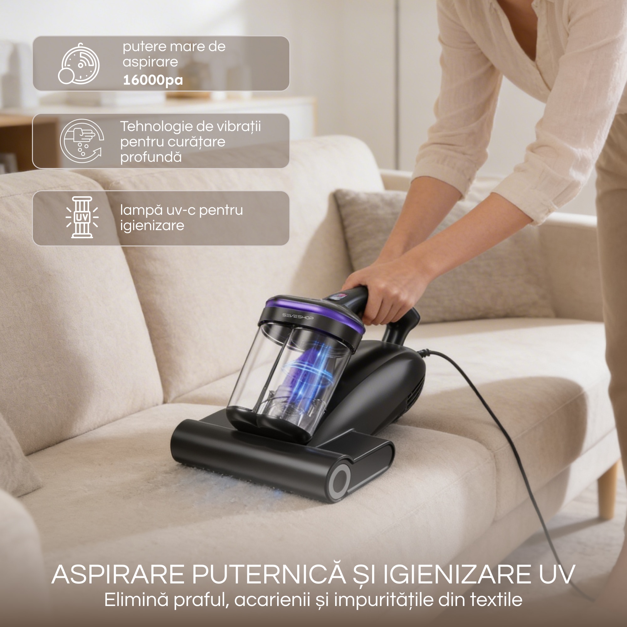 Aspirator Antiacarieni, SeveShop®, Aspirator Cu Filtru HEPA Lavabil, Motor 500W, 16000Pa, Vibratii Deprofundare, Lampa UV-C 253.7nm, Incalzire Aer, Aspirator Ideal Pentru Saltele Si Canapele, Usor De Manuit, Aspirator Cu Actiune Profunda, Negru